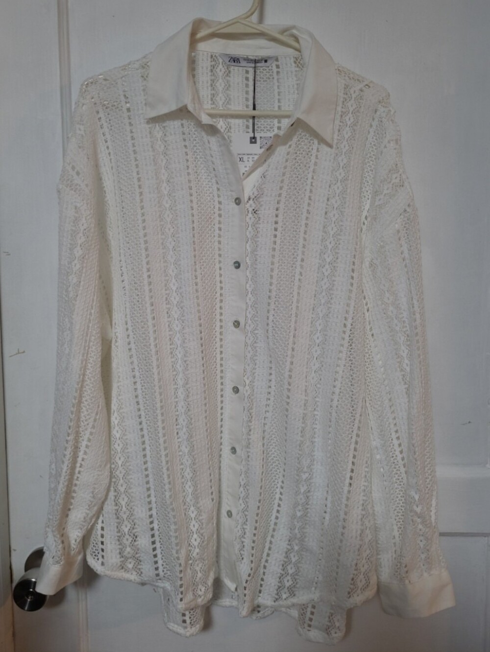 Zara White Eyelet Crochet Lace Button Shirt XL
